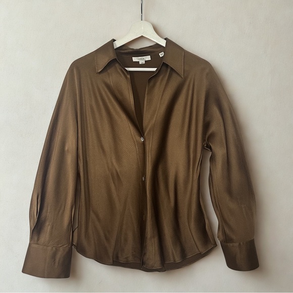 Vince Brown Bronze Silk Button Front Blouse Women’s Medium Luxury Minimalist Top - Picture 2 of 7
